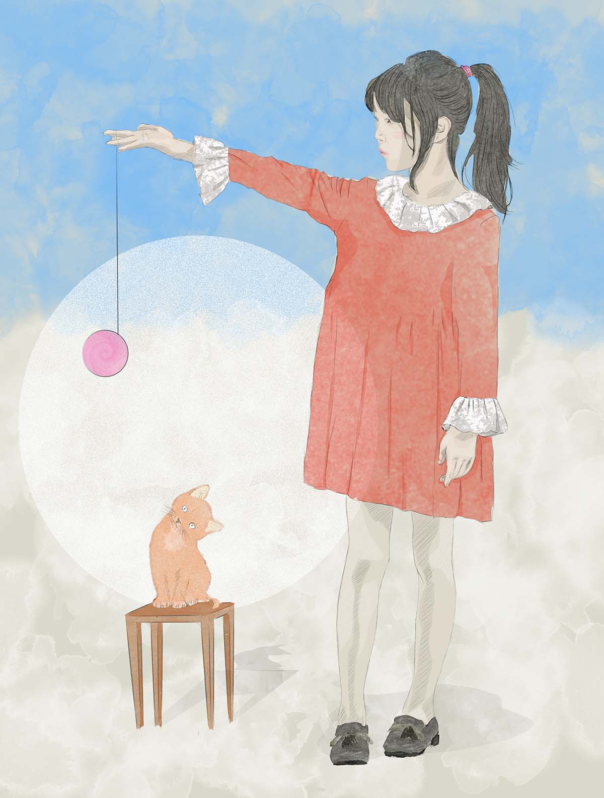 girl with yo-yo and little cat